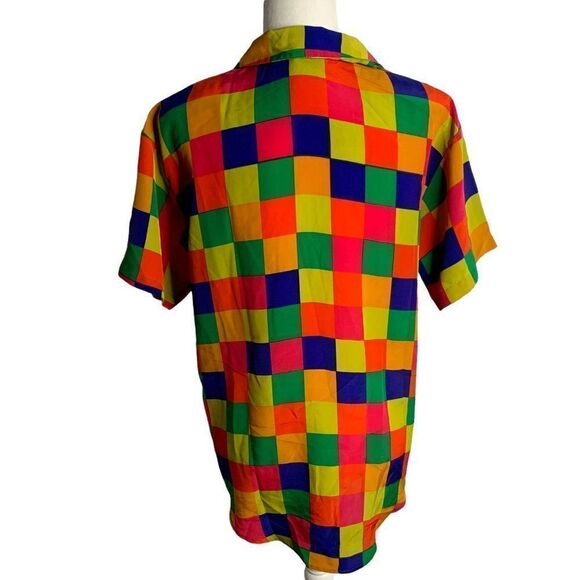 Vintage Silky Button Down Short Sleeve Shirt M Multicolored Check Shoulder Pads - Picture 4 of 6
